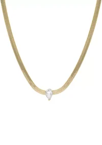 Gold Over Silver Plated 16 + 2 Inch Cubic Zirconia Pear Herringbone Necklace