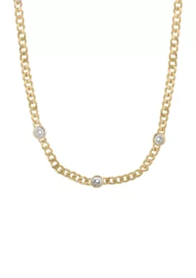 Gold Over Fine Silver Plated 16" + 2" 3 Bezel Cubic Zirconia Curb Chain Necklace