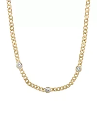 Gold Over Fine Silver Plated 16" + 2" 3 Bezel Cubic Zirconia Curb Chain Necklace