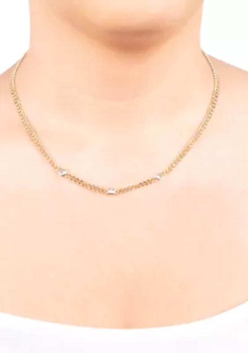 Gold Over Fine Silver Plated 16" + 2" 3 Bezel Cubic Zirconia Curb Chain Necklace