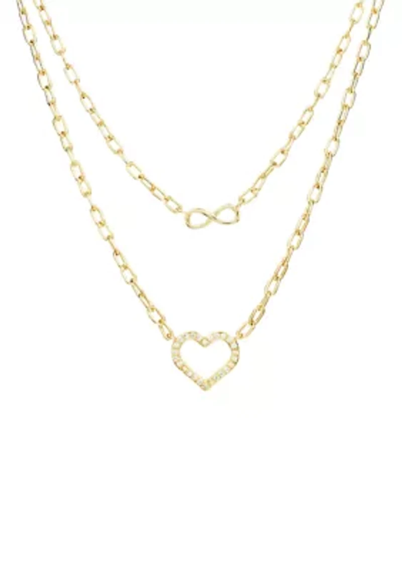 Gold Plated Cubic Zirconia Open Heart and Infinity Double Layer Necklace