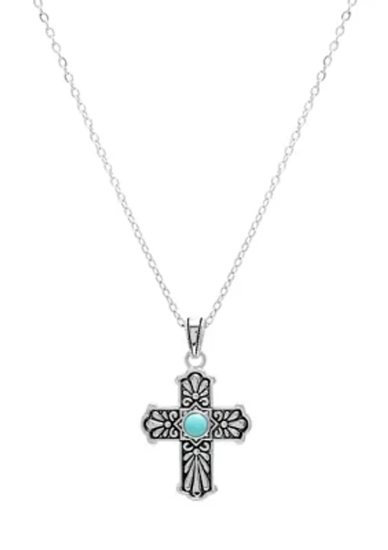 Silver Plated 16 + 2" Genuine Turquoise Howlite Cross Pendant Necklace