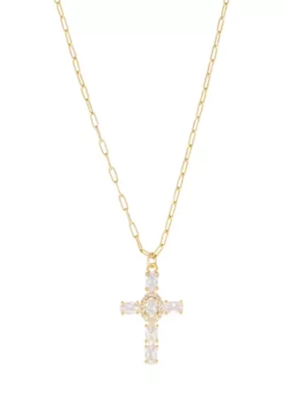 Gold Plated Cubic Zirconia Cross Paperclip Chain Necklace