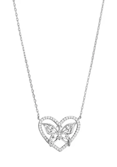  Cubic Zirconia Butterfly Heart Silver Plated Necklace