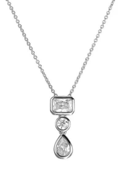 Silver Plated Triple Cubic Zirconia Geometric Necklace