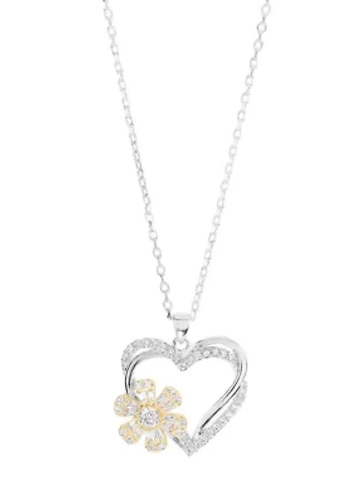 Two Tone Plated Cubic Zirconia Heart and Flower Spinner Necklace