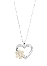 Two Tone Plated Cubic Zirconia Heart and Flower Spinner Necklace