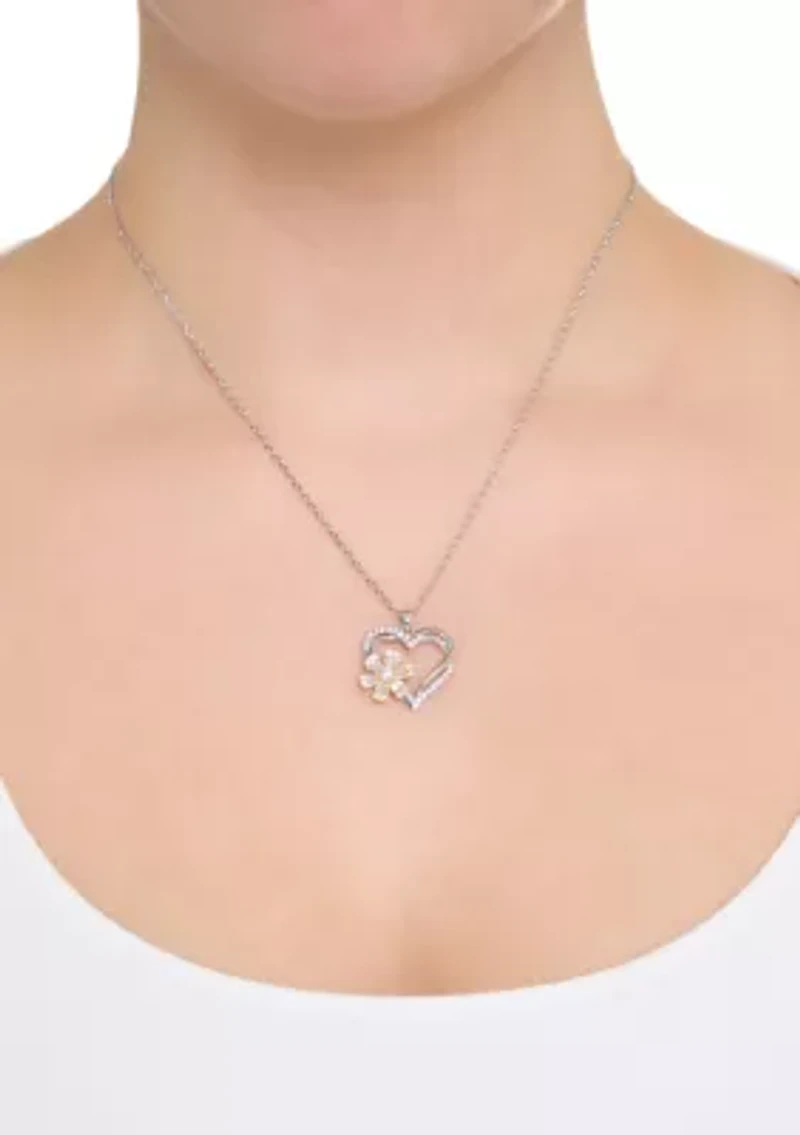 Two Tone Plated Cubic Zirconia Heart and Flower Spinner Necklace