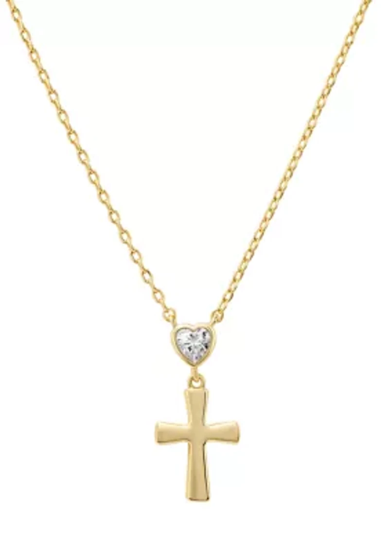 Cubic Zirconia Heart and Cross Gold Plated Necklace