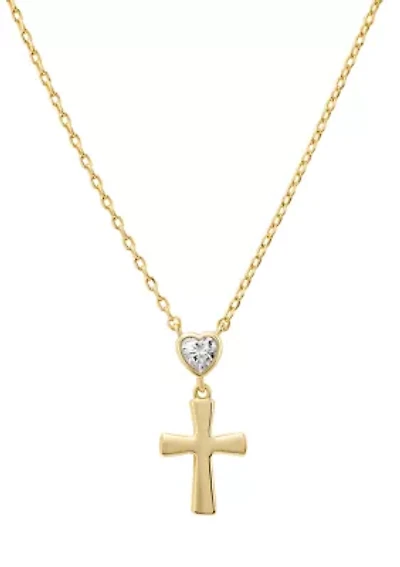 Cubic Zirconia Heart and Cross Gold Plated Necklace
