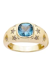 Aqua Cubic Zirconia Cushion Signet Star Band Ring