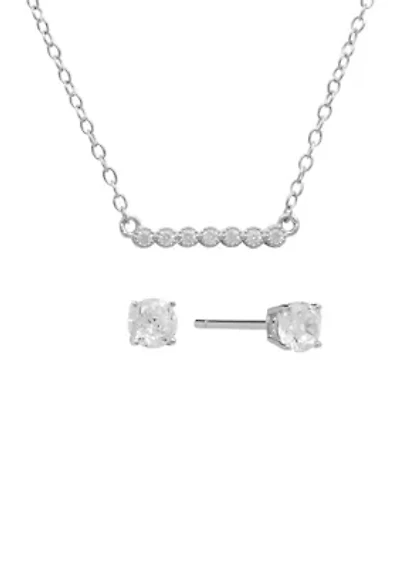 Boxed Sterling Silver 16" Cubic Zirconia Pavé Bar Necklace and 4 Millimeter Stud Earrings Set