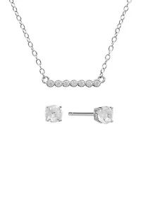 Boxed Sterling Silver 16" Cubic Zirconia Pavé Bar Necklace and 4 Millimeter Stud Earrings Set