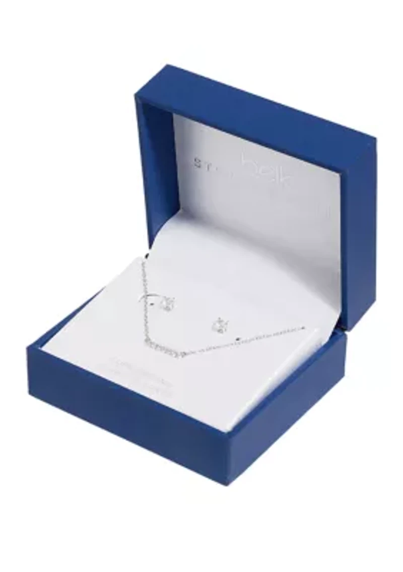 Boxed Sterling Silver 16" Cubic Zirconia Pavé Bar Necklace and 4 Millimeter Stud Earrings Set
