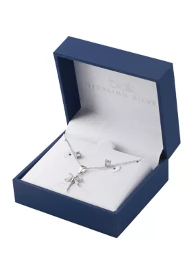 Boxed Sterling Silver Cubic Zirconia Dragonfly Necklace and Stud Earring Set