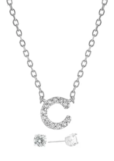 Boxed Sterling Silver Cubic Zirconia Initial C Necklace and Prong Stud Earring Set