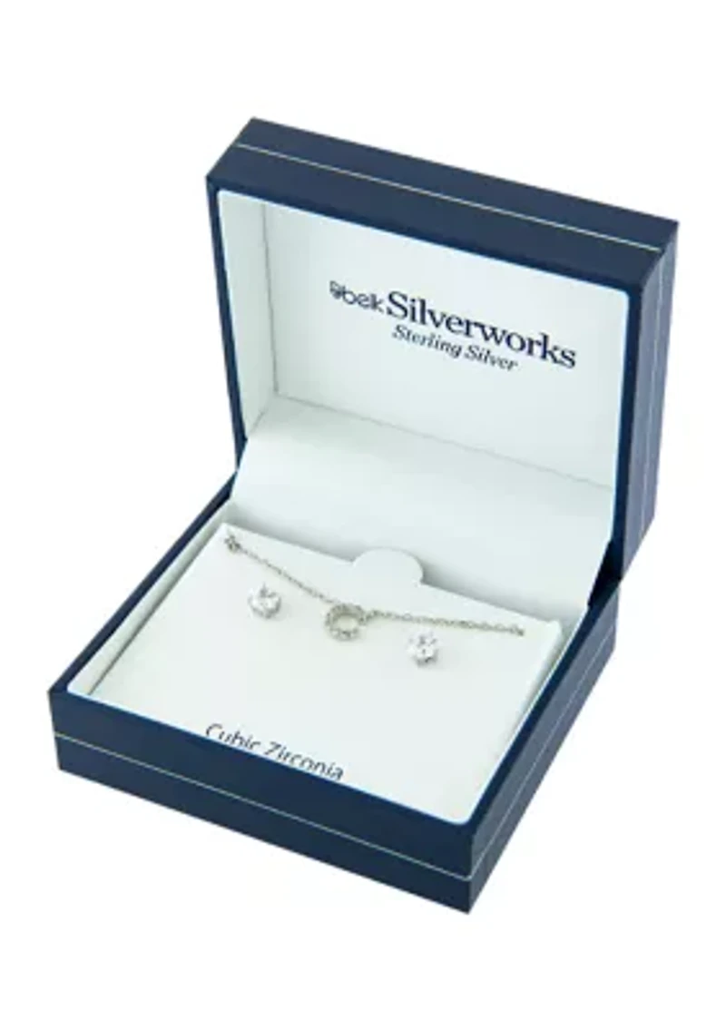 Boxed Sterling Silver Cubic Zirconia Initial C Necklace and Prong Stud Earring Set