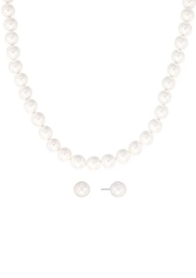 Sterling Silver 7mm Simulated Pearl Necklace and Stud Earring Set