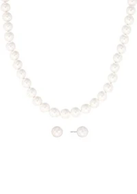 Sterling Silver 7mm Simulated Pearl Necklace and Stud Earring Set