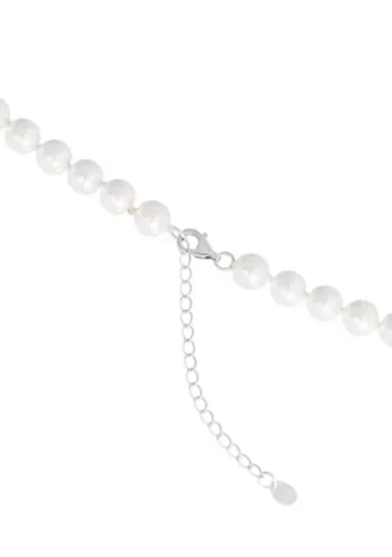 Sterling Silver 7mm Simulated Pearl Necklace and Stud Earring Set