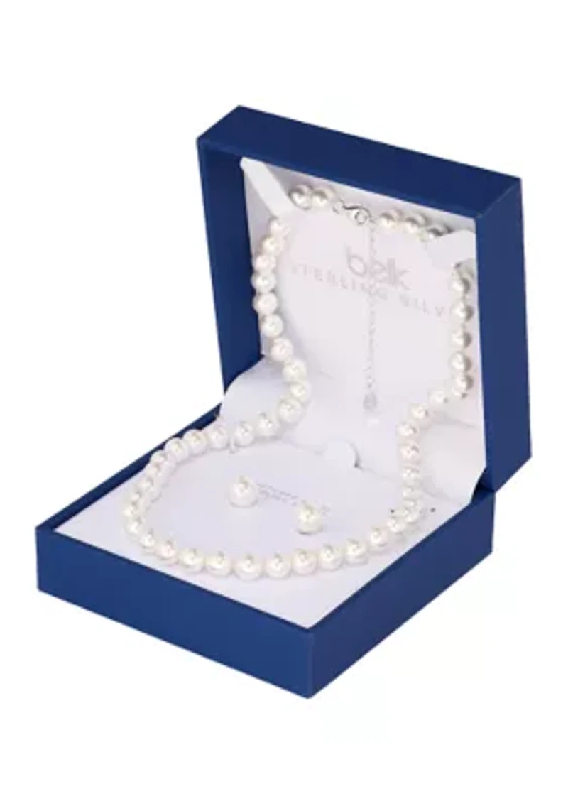 Sterling Silver 7mm Simulated Pearl Necklace and Stud Earring Set