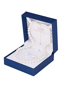 Sterling Silver 7mm Simulated Pearl Necklace and Stud Earring Set