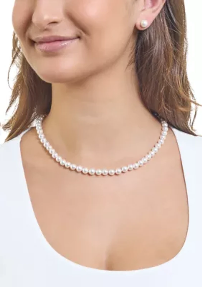 Sterling Silver 7mm Simulated Pearl Necklace and Stud Earring Set