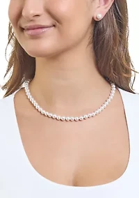 Sterling Silver 7mm Simulated Pearl Necklace and Stud Earring Set