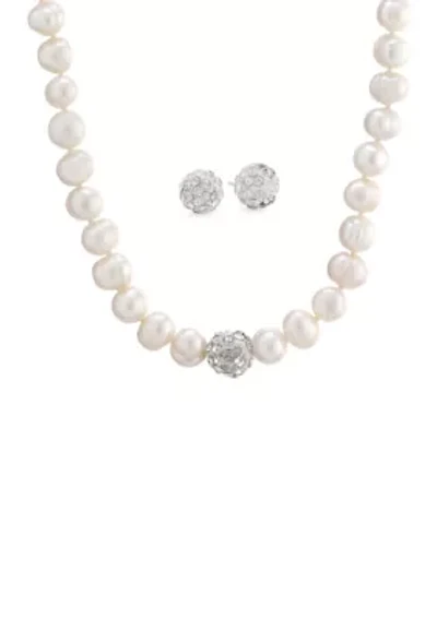 Sterling Silver Crystal Stud Earrings and Pearl Necklace Boxed Set