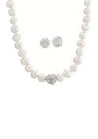 Sterling Silver Crystal Stud Earrings and Pearl Necklace Boxed Set
