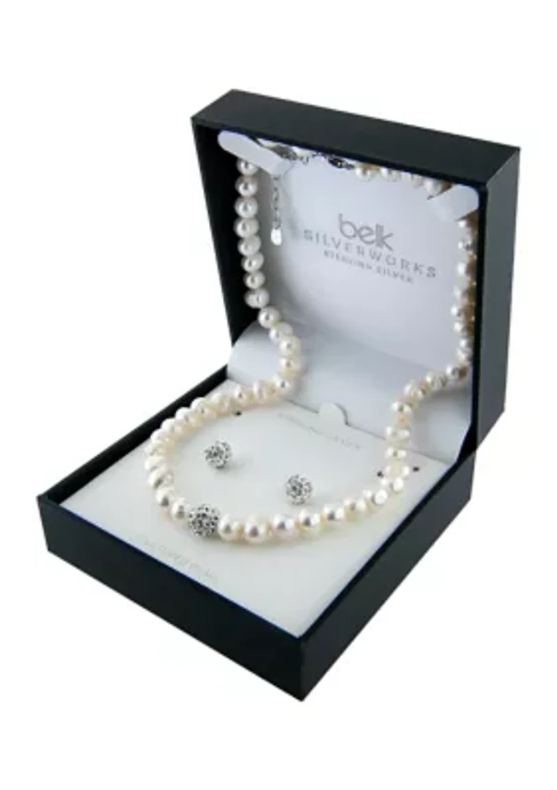 Boxed Sterling Silver 16" + 2" Freshwater Pearl with Crystals Necklace and Stud Earrings Set