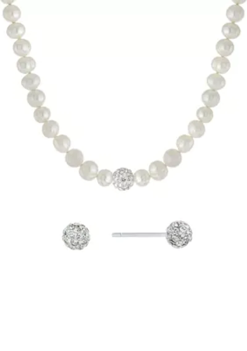 Boxed Sterling Silver 16" + 2" Freshwater Pearl with Crystals Necklace and Stud Earrings Set