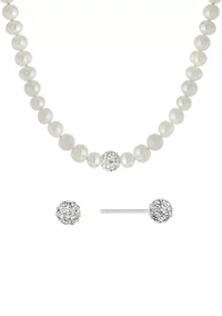 Boxed Sterling Silver 16" + 2" Freshwater Pearl with Crystals Necklace and Stud Earrings Set