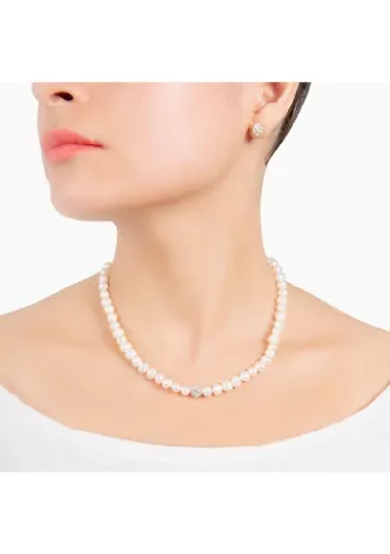Boxed Sterling Silver 16" + 2" Freshwater Pearl with Crystals Necklace and Stud Earrings Set