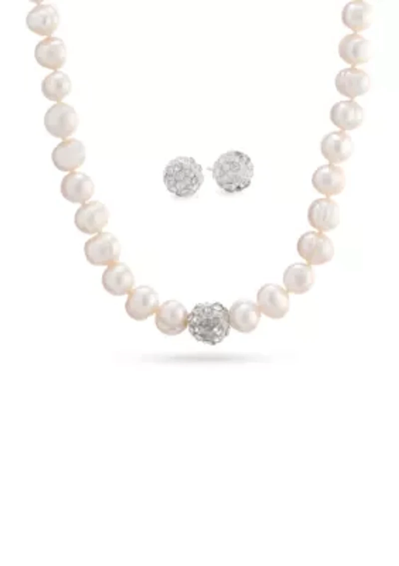 Sterling Silver Crystal Stud Earrings and Pearl Necklace Boxed Set