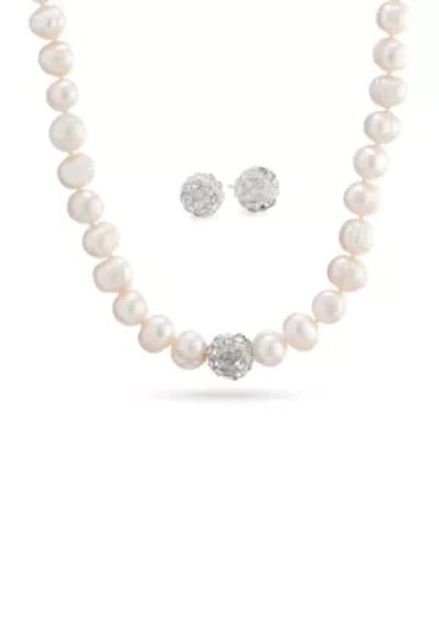 Sterling Silver Crystal Stud Earrings and Pearl Necklace Boxed Set