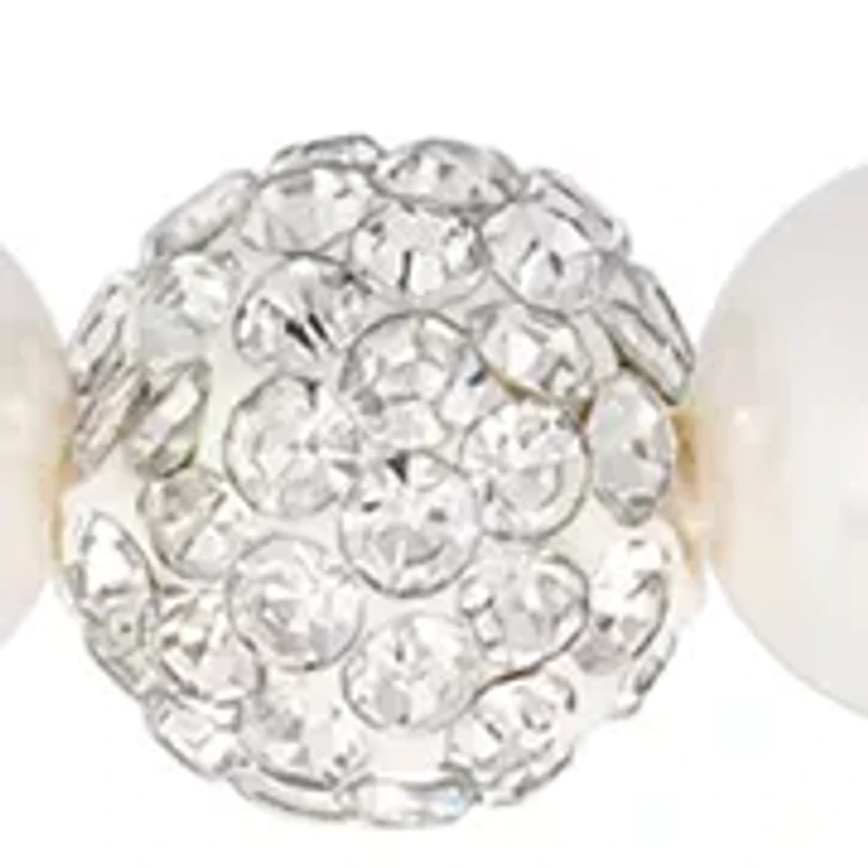 Sterling Silver 7mm Simulated Pearl and Crystal Fireball Necklace and Stud Earring Set