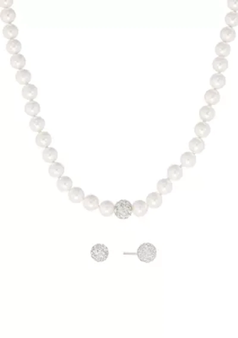 Sterling Silver 7mm Simulated Pearl and Crystal Fireball Necklace and Stud Earring Set
