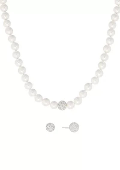Sterling Silver 7mm Simulated Pearl and Crystal Fireball Necklace and Stud Earring Set