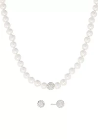 Sterling Silver 7mm Simulated Pearl and Crystal Fireball Necklace and Stud Earring Set