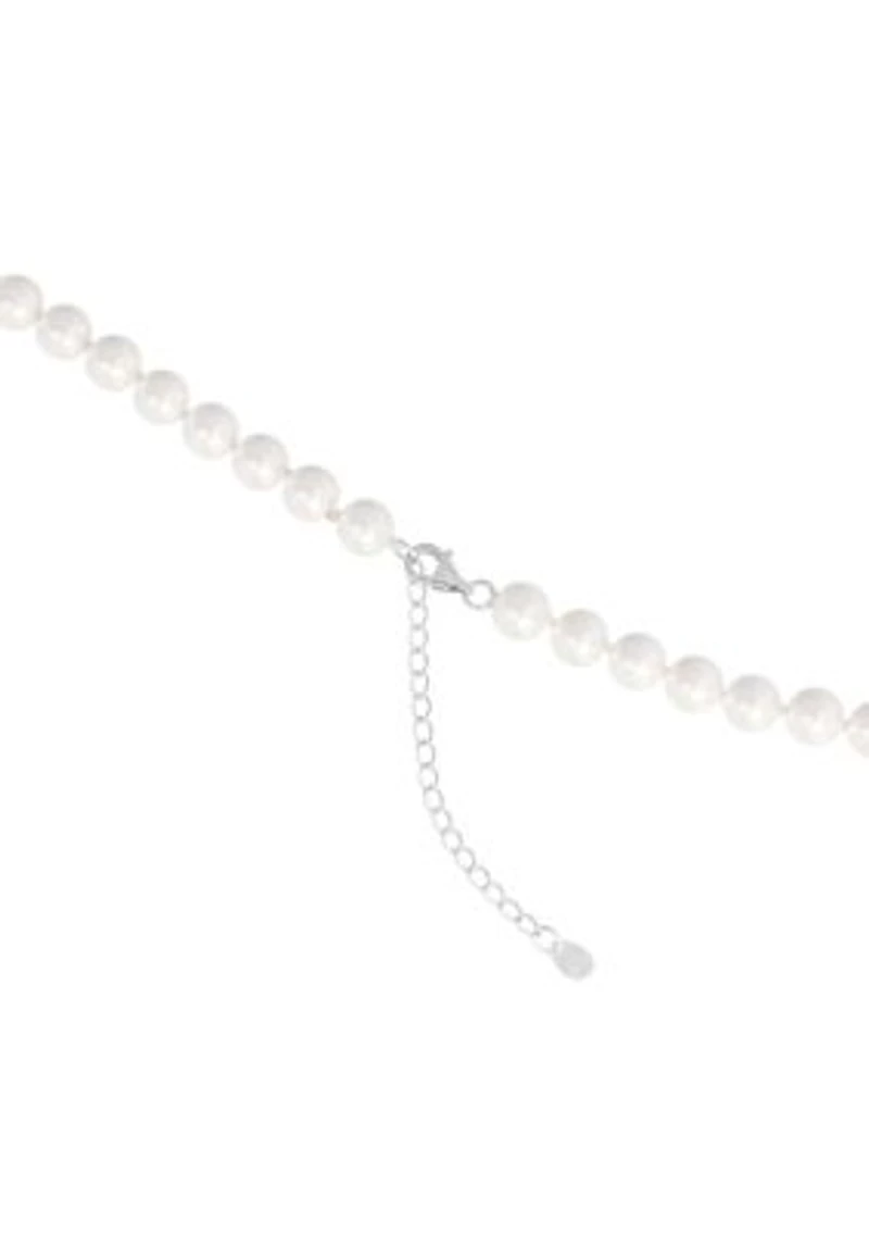 Sterling Silver 7mm Simulated Pearl and Crystal Fireball Necklace and Stud Earring Set