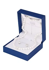 Sterling Silver 7mm Simulated Pearl and Crystal Fireball Necklace and Stud Earring Set