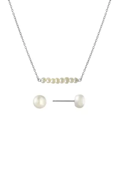 Boxed Sterling Silver 16" + 2"  Fresh Water Pearl Bar Necklace and 7.5-8 Millimeter Stud Earring Set