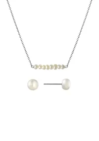 Boxed Sterling Silver 16" + 2"  Fresh Water Pearl Bar Necklace and 7.5-8 Millimeter Stud Earring Set
