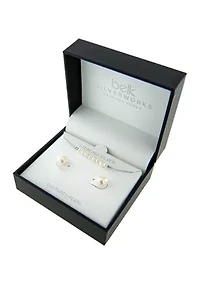 Boxed Sterling Silver 16" + 2"  Fresh Water Pearl Bar Necklace and 7.5-8 Millimeter Stud Earring Set