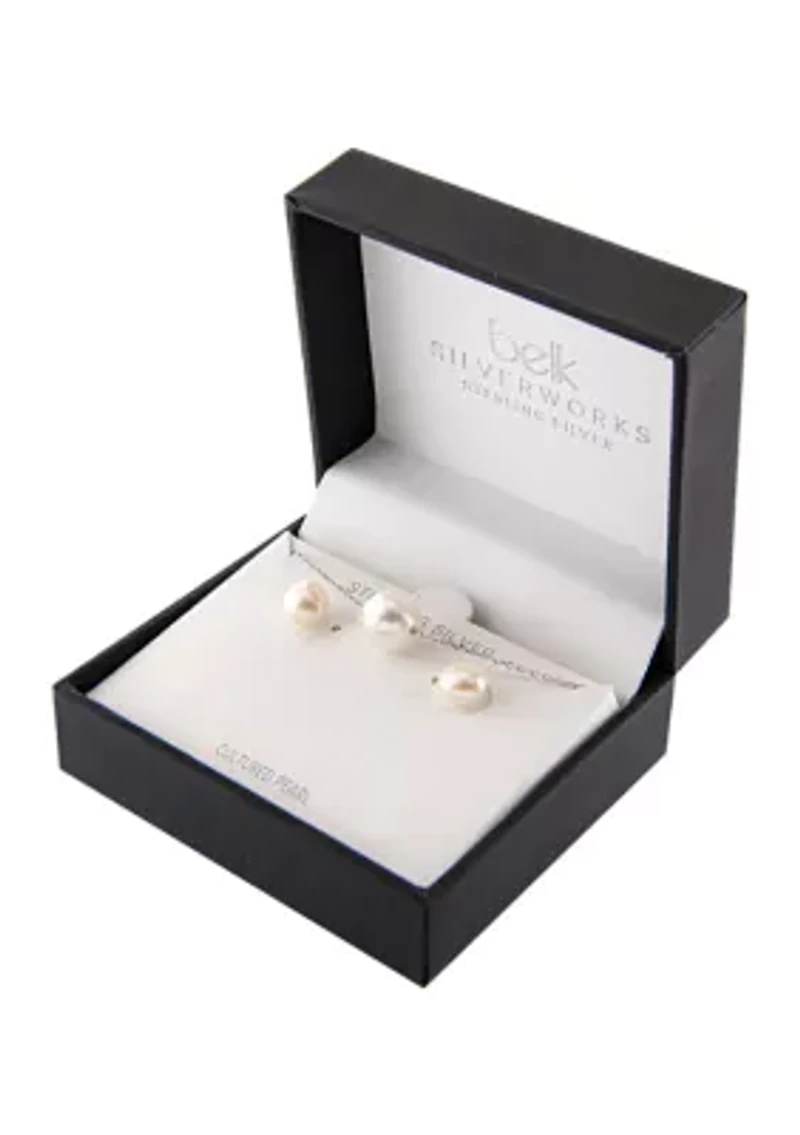 Boxed Sterling Silver 18" 10mm Freshwater Pearl Necklace and Stud Earrings Set