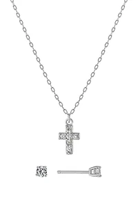 Sterling Silver Cubic Zirconia Cross Necklace and Stud Earring Set