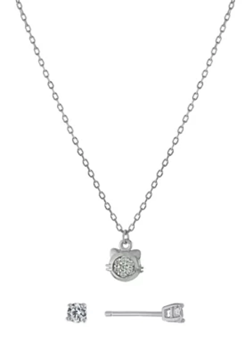 Sterling Silver Cubic Zirconia Cat Necklace and Stud Earring Set