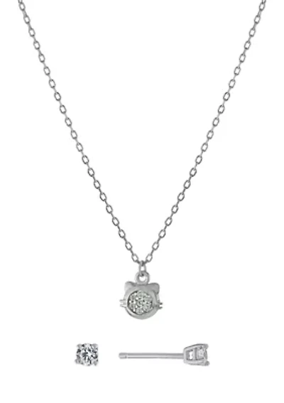 Sterling Silver Cubic Zirconia Cat Necklace and Stud Earring Set