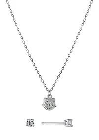 Sterling Silver Cubic Zirconia Cat Necklace and Stud Earring Set